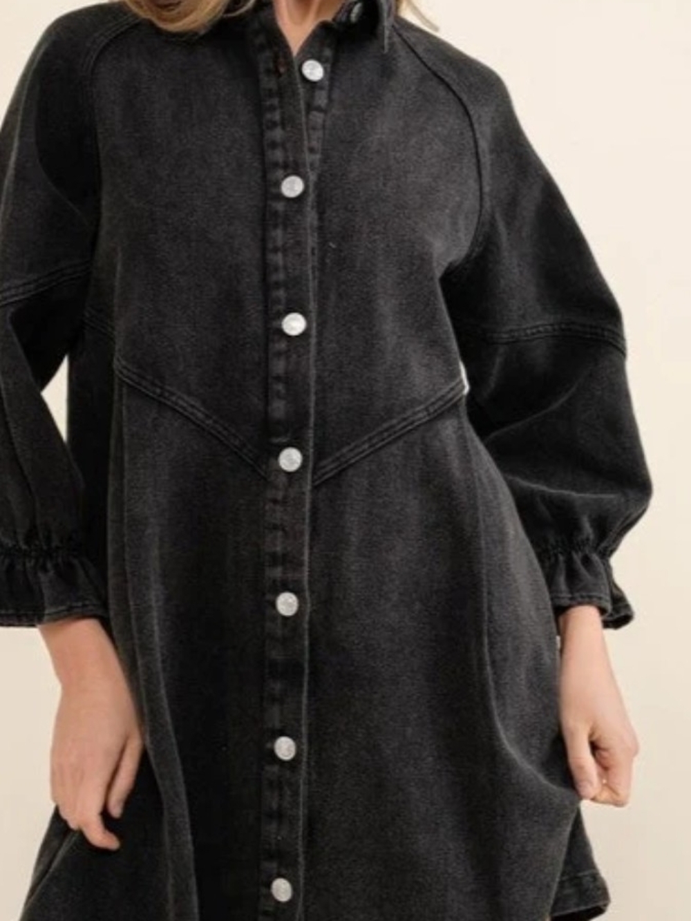 Grace + Karma Balloon Sleeve Denim Dress in black.
